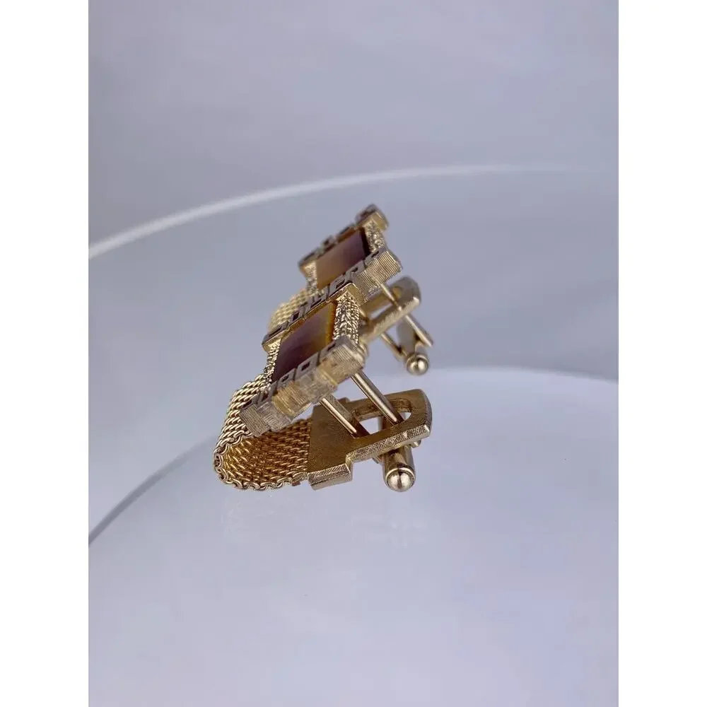 Tigers Eye Mesh Wrap Gold Tone Cufflinks Squares Modernist Retro